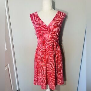 BODEN Sz L 14 Soft Midi Dress Pockets Print Coral Red White Ruched Wrap Spring